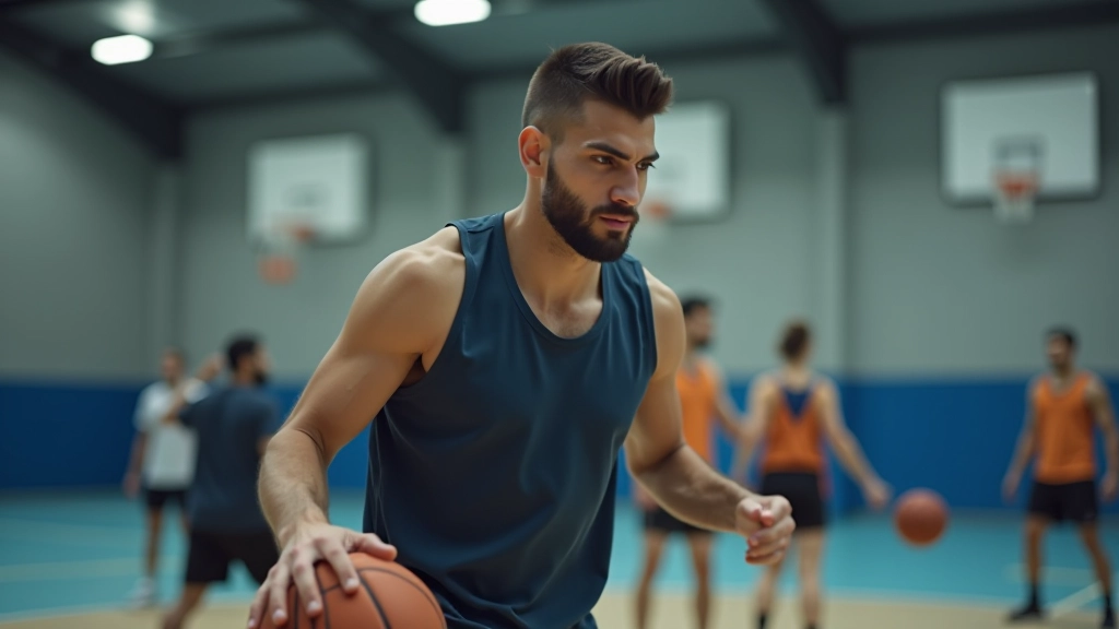 لاعب كرة سلة يقوم بتمرين اللياقة البدنية على الملعب مع الأجهزة الحديثة