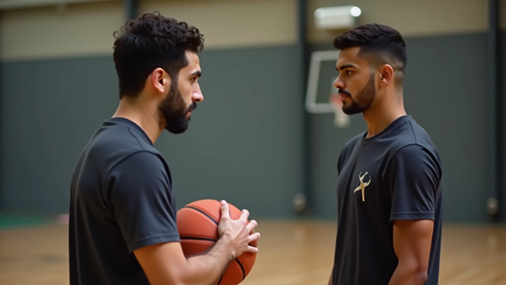 مدرب يقيم مهارات لاعب شاب على ملعب كرة السلة