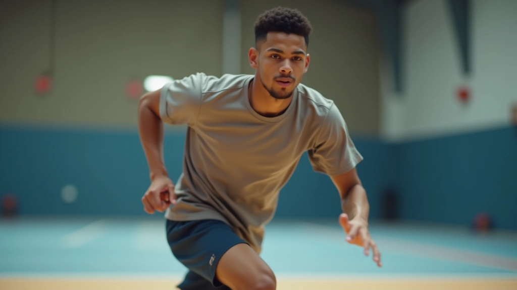 لاعب كرة سلة يقوم بتمرين الركض السريع على الملعب الداخلي مع إضاءة حديثة